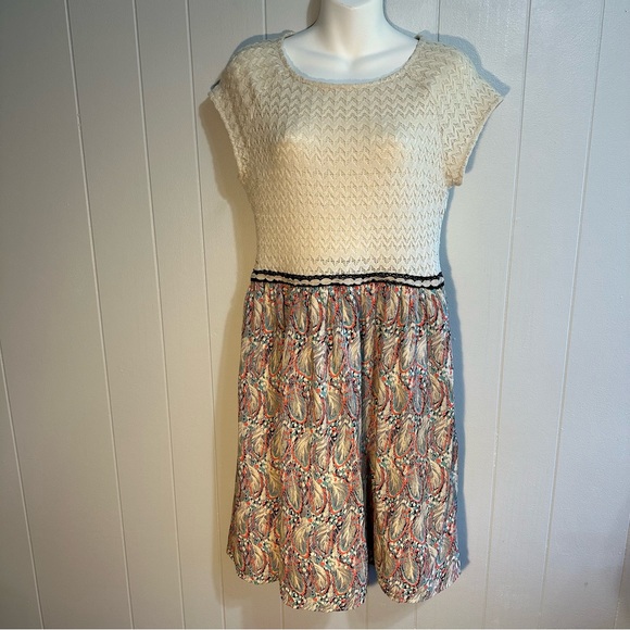 🍓Weston Anthropologie Arcata Beige Dress Feather Print Stretch Top Sz Small M - Picture 8 of 15